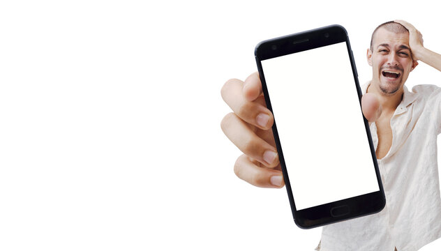 Distraught Crying Man Showing Smartphone Blank White Screen on Yellow