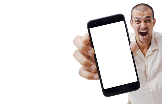 Crazy Excited Man Showing Smartphone Blank White Screen