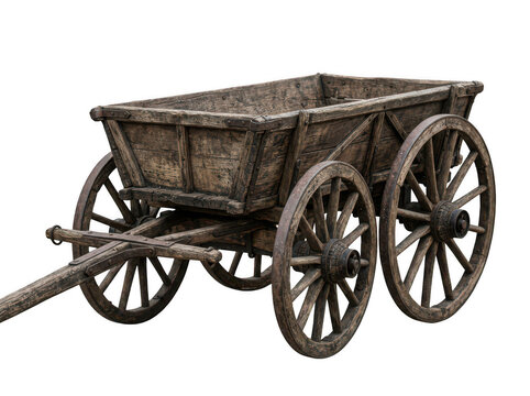 Rustic wooden farm wagon isolated. Vintage cart for agricultural decor and landscaping.