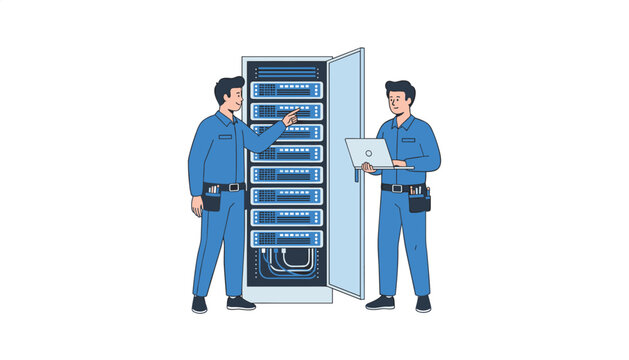 Two technicians working on server maintenance and configuration in a data center.
