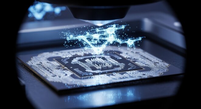 Silicon photonics chip under microscope with reflected drone formations above symbolizing cuttingedge secure communication technology for drone swarms.
