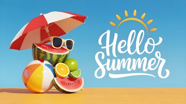 Hello summer greeting design with beach accessories and fresh fruit for a relaxing summer bank holiday weekend getaway