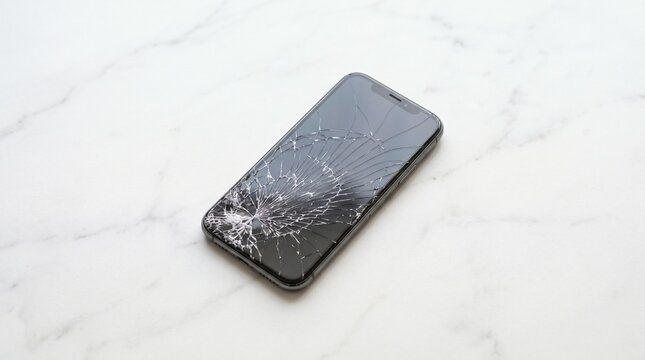Broken smartphone screen on marble. Damaged mobile device with cracked glass display.