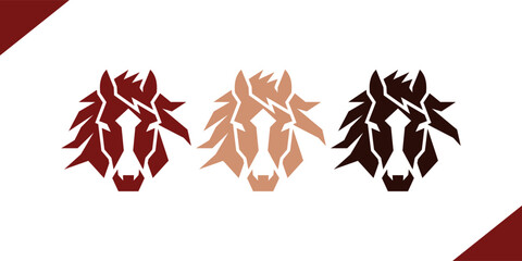Set of three artistic horse face icons featuring stylized mane designs in different color variations on white © GrapVari