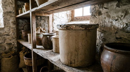 Fototapeta premium Rustic earthenware crocks on wooden shelves. Vintage ceramic pots in a stone pantry.