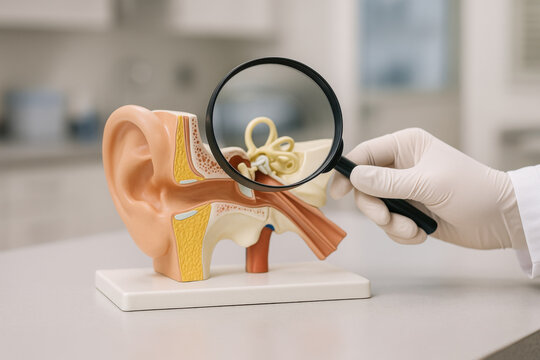 Gloved hand holding magnifying glass examining anatomical ear model on clinical background for medical education and healthcare research