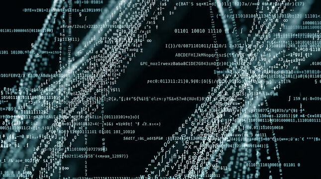 Abstract digital code and symbols cascading against a dark background, representing data flow and computational processes, ideal for technology themes.