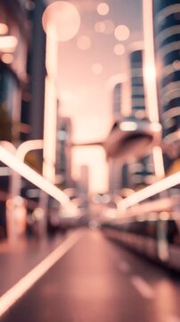 A Tranquil Urban Scene Captured in the Twilight, Showcasing Blurred Lights and Modern Architecture Evoking a Dreamlike Quality of a Futuristic Cityscape