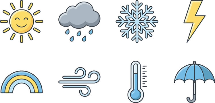 Set of colorful weather icons featuring sun rain snowflake lightning rainbow wind thermometer and umbrella vector illustration