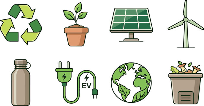 Set of environmental sustainability icons featuring renewable energy sources and waste reduction symbols in flat vector style