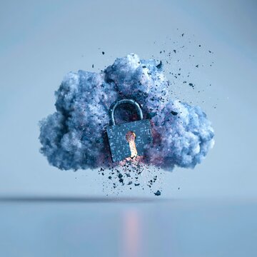 Digital cloud with a padlock breaking apart in a creative visual representation of data security