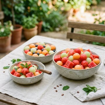 Bowls of fresh fruit melon and watermelon on table.
