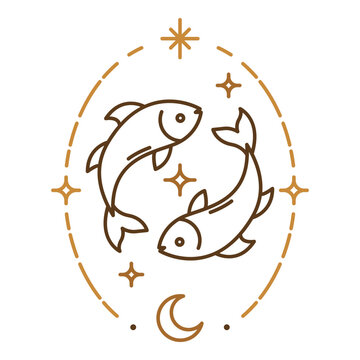 Pisces zodiac symbol with celestial oval frame