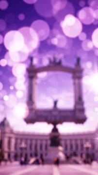 A Dreamy Perspective of an Iconic Archway Surrounded by Whimsical Bokeh Lights Creating an Enchanting Atmosphere in a Vibrant Purple Blurred Scene