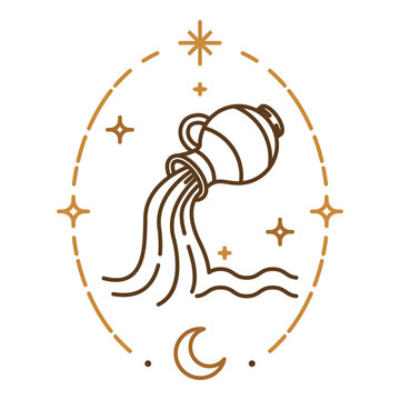 Aquarius zodiac symbol with celestial oval frame