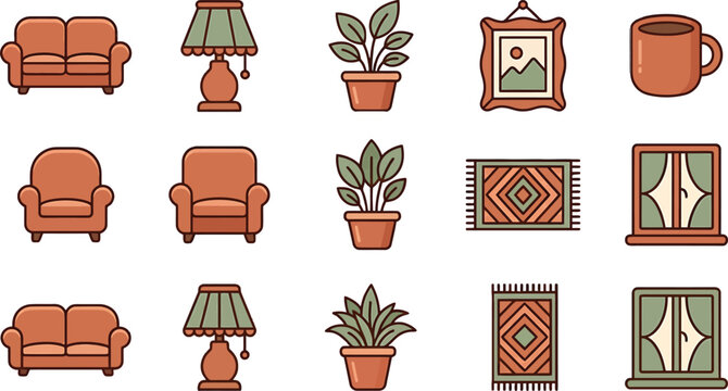 Set of interior design furniture icons featuring sofas lamps plants rugs and windows in flat vector style