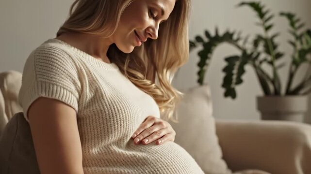 Pregnant Woman Holding Belly Sitting Indoors.