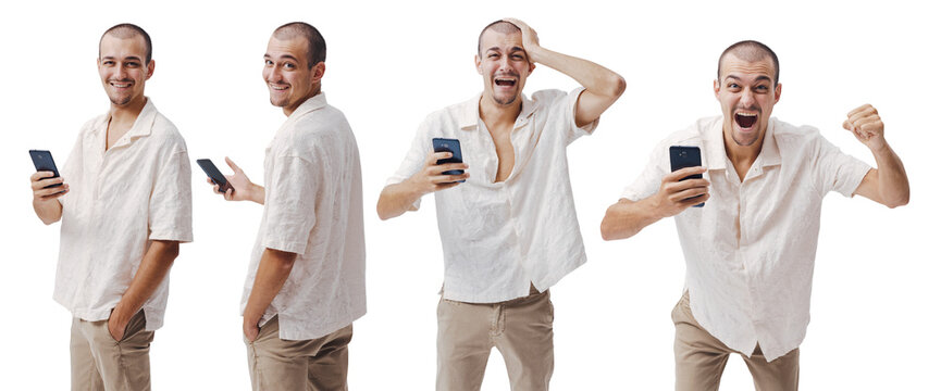 Set of Young Man with Smartphone Showing Different Expressions and Emotions