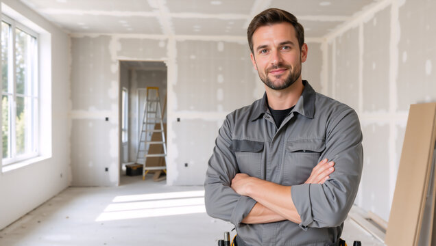 Portrait of smiling male contractor with arms crossed. Confident builder in unfinished room during home renovation
