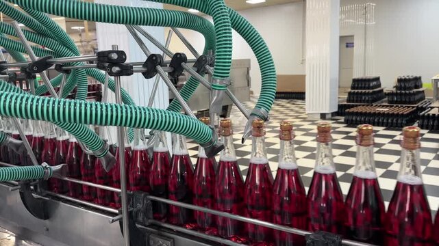 Rows of clear glass bottles filled with deep red liquid pass beneath stainless filling arms and green corrugated hoses inside bright white industrial room with checkered floor, stacked crates