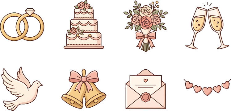 Wedding celebration icons set featuring rings cake flowers champagne doves bells invitation and heart garland vector illustration