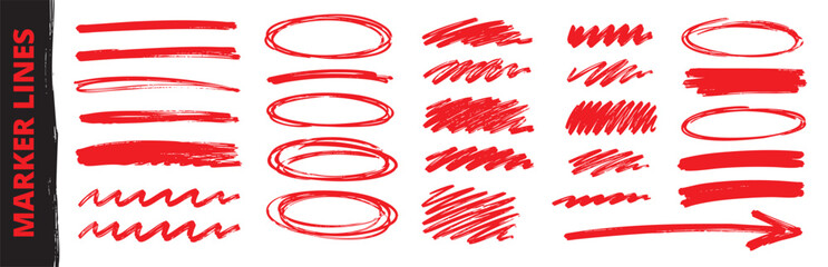 Fototapeta premium Red marker strokes, circles, arrows and highlight scribbles collection. Hand drawn emphasis marker vector elements for notes, presentations and graphic design.