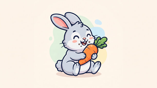 Cute rabbit cartoon mascot vector illustration with bold outlines eating a carrot on light background