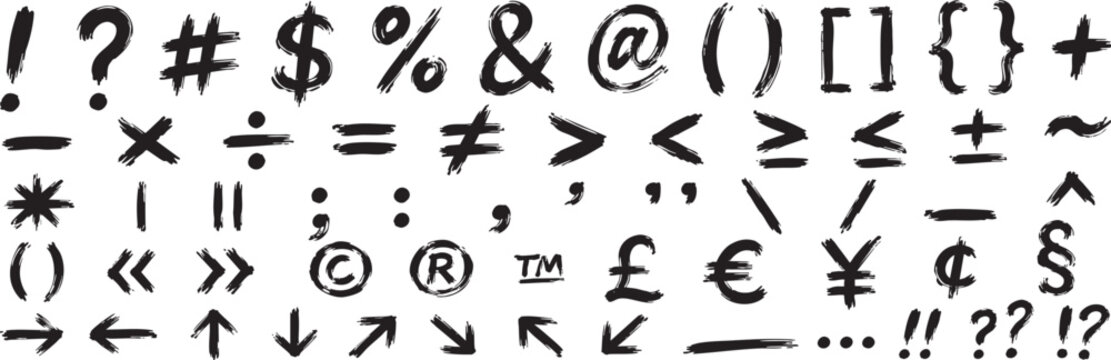 Hand drawn punctuation marks, arrows and doodle symbols collection. Sketch vector elements with typography signs for notes, stickers and graphic design.