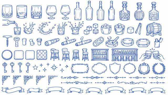 Vintage whiskey bar icons set, hand drawn bourbon and alcohol line art, blue ink sketch of barware and cocktail elements, distillery vector graphics