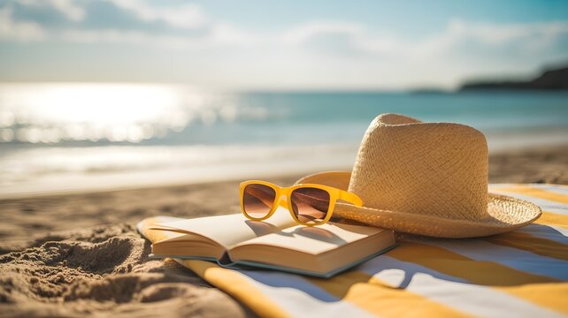 Relaxing on the beach during a sunny summer bank holiday with a book and straw hat