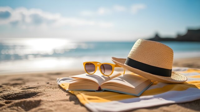 Relaxing beach accessories with a book and hat during a sunny summer bank holiday weekend getaway