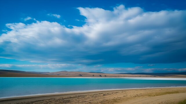Beautiful scenic landscape of a turquoise lake and blue sky perfect for a relaxing summer bank holiday trip