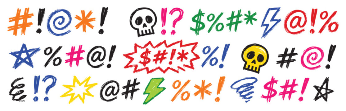 Collection of colorful comic book style swear words, curse symbols, and cartoon expletives. Hand-drawn vector illustrations of angry expressions, skulls, and abstract shapes used to represent profanit