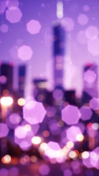 Captivating Urban Nightscape with Soft Bokeh Effect: A Dreamlike Blend of Lights and Silhouettes in Tints of Purple and Ethereal Ambiance