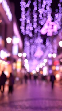 A Dreamy Evening Walk Through a Twilight Alley Adorned with Magical Purple Lights and Glowing Decorations, Creating an Enchanting Atmosphere for Strolling Visitors