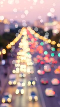 A mesmerizing twilight scene capturing the vibrant blur of vehicular traffic against a backdrop of glowing city lights, creating an enchanting urban atmosphere.