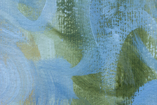 Hand-painted contemporary abstract inspired by natural landscapes, combining layered blue, green and golden tones. Elegant textured background for luxury branding, interiors and premium packaging.