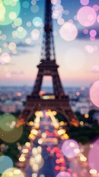 A Dreamy Evening at the Eiffel Tower with Colorful Bokeh and City Lights Creating a Mesmerizing Atmosphere in the Heart of Paris