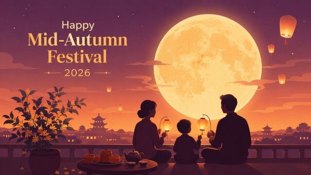 Happy Mid-Autumn Festival 2026 Family Celebration with Full Moon and Lanterns.