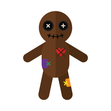 Split personality voodoo doll illustration, half black half red with stitched heart and colorful patches