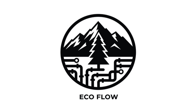 Circular ecological logo showing a pine tree and mountain range connected to a complex pipeline system named eco flow.