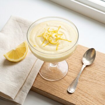 A glass of creamy lemon mousse topped with fresh zest on a wooden board with a lemon slice and spoon