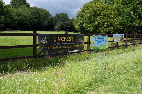 Horndean, Hampshire, England. 1st July 2026. Event Banners for Lincfest and Summer Festival Hanging on Fence at Jubilee Park Horndean Hampshire