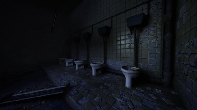 Ominous haunted restroom with broken porcelain toilets, shadowed stalls and cold tiled walls, flickering light and silent emptiness, horror set mood