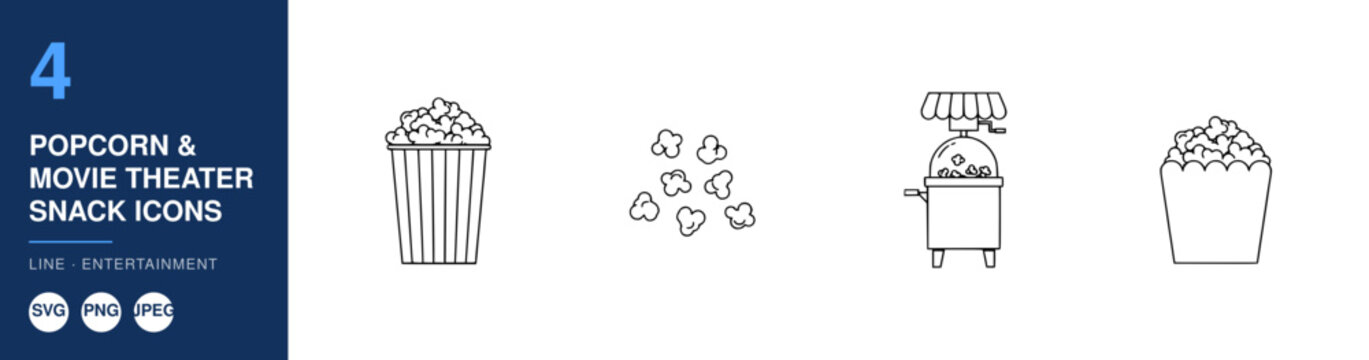 Popcorn Icons, a Collection of Four Outline Style Vector Illustrations Depicting Various Popcorn-Related Items Such as a Full Bucket, Scattered