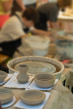 Clay pottery making, handmade ceramic workshop outdoors