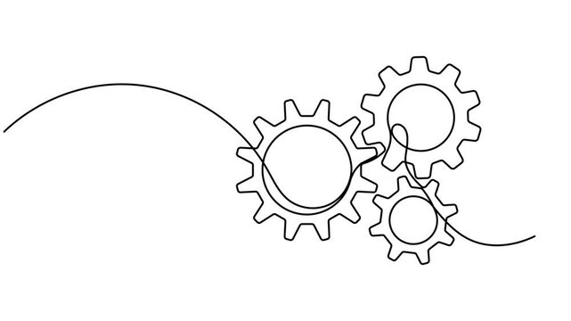 Three cogwheel gears icon sign continuous one line drawing moving on white background minimalist business work and automation service for industrial symbol animation video