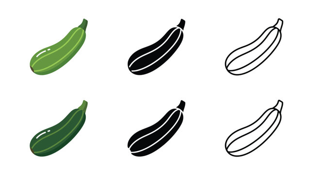 Set of green zucchini squash vegetable icons in color silhouette and outline style