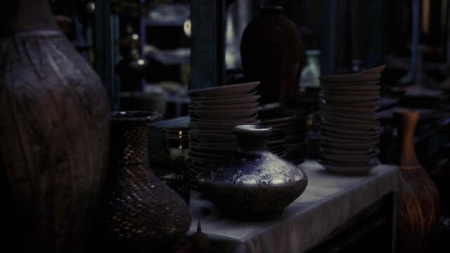 Low light alley stall with ceramics, dusk mood with stacked plates and earthenware under visible pipework, textured wood table and deep shadows, vintage market