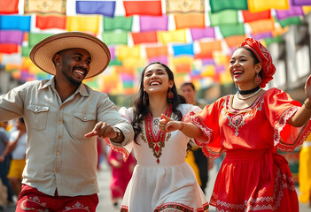 Obraz premium Three happy people in traditional attire dancing outdoors under colorful festive banners, celebrating culture and community